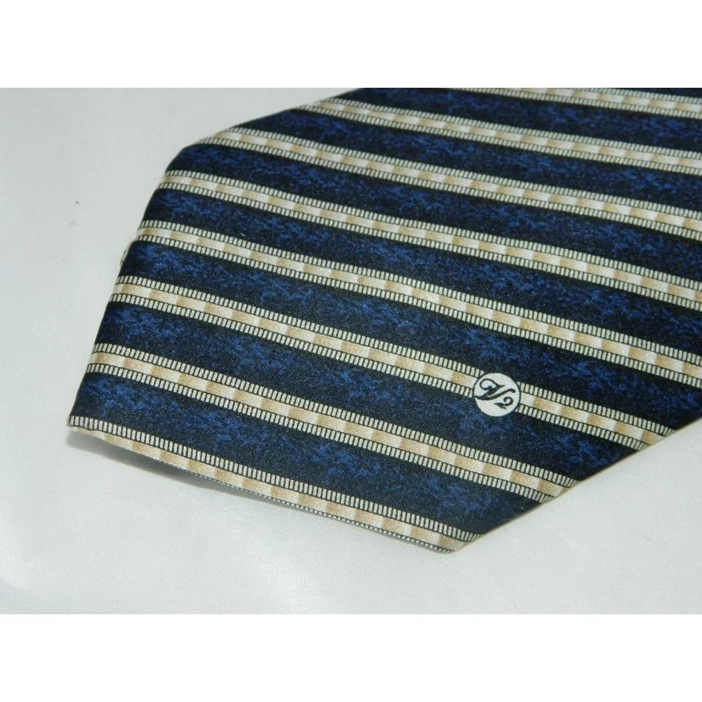 Versace Classic V2 Navy Blue Beige Diagonal Striped 100% Silk Tie